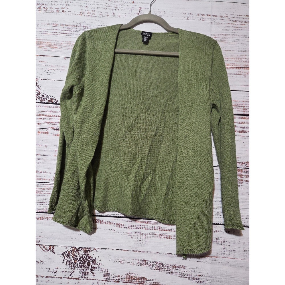 Eileen Fisher Moss Green Linen Blend Open Front Cardigan Sweater Medium